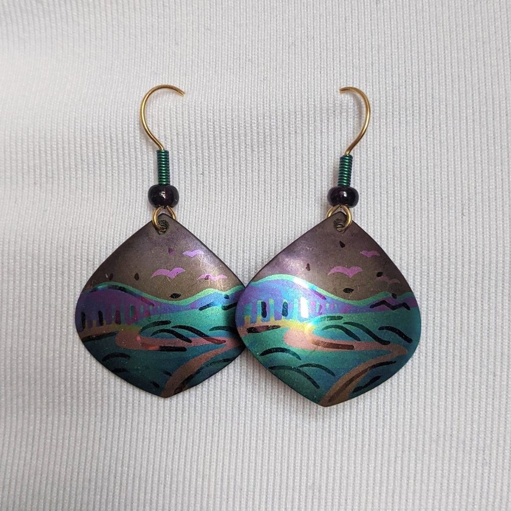 Beach or trail view painting earrings with birds🌈
